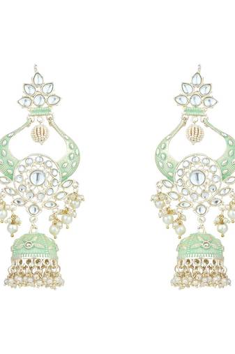 Gold Plated Intricately Designed Traditional Enamel Glided With Kundans & Pearls Jumka Earrings