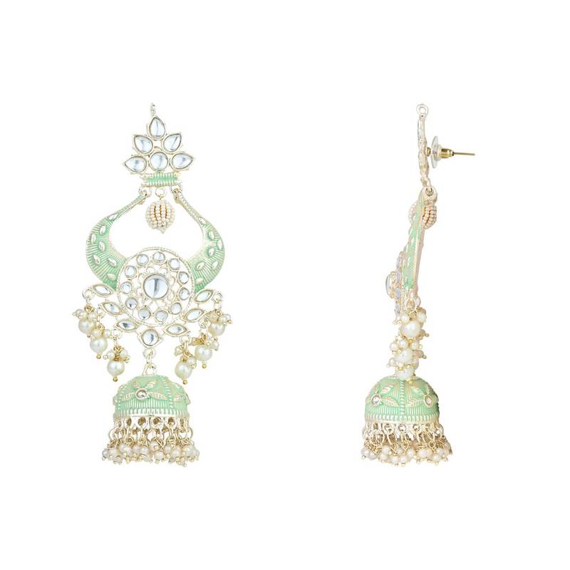 Gold Plated Intricately Designed Traditional Enamel Glided With Kundans & Pearls Jumka Earrings