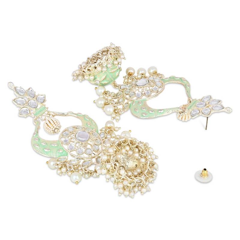Gold Plated Intricately Designed Traditional Enamel Glided With Kundans & Pearls Jumka Earrings