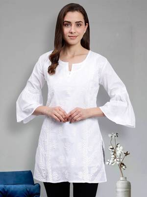hand embroidered white cotton lucknowi chikankari top 1