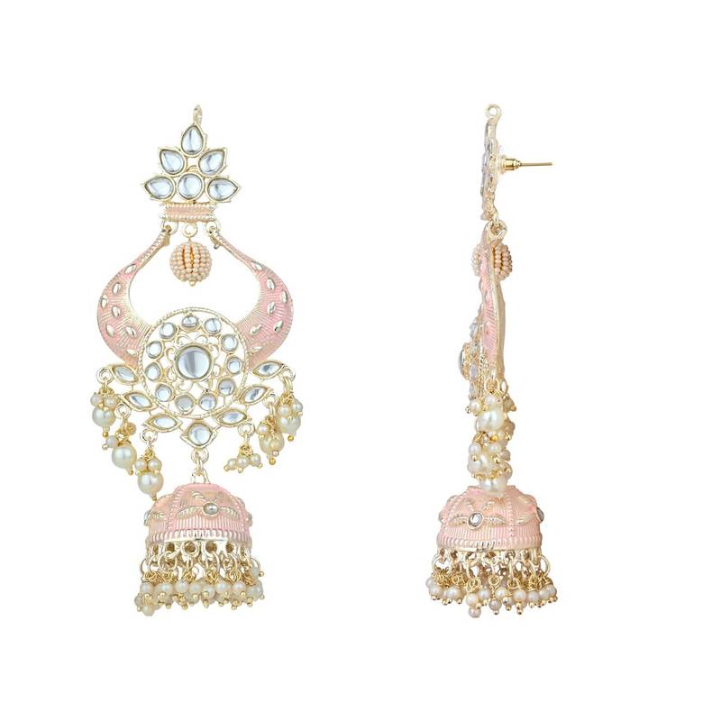 Gold Plated Intricately Designed Traditional Enamel Glided With Kundans & Pearls Jumka Earrings