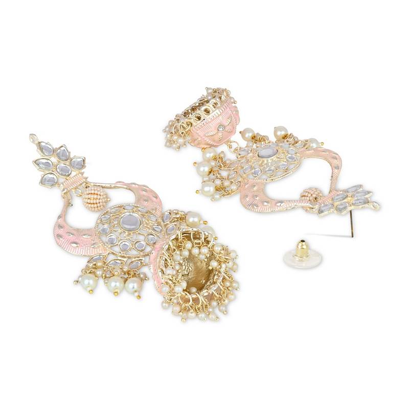 Gold Plated Intricately Designed Traditional Enamel Glided With Kundans & Pearls Jumka Earrings