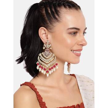 Gold Plated Intricately Designed Womens Traditional Long Earrings Enamel Glided With Kundans & Pearls  1