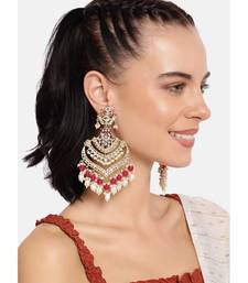 Gold Plated Intricately Designed Womens Traditional Long Earrings Enamel Glided With Kundans & Pearls 