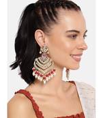 Gold Plated Intricately Designed Womens Traditional Long Earrings Enamel Glided With Kundans & Pearls 