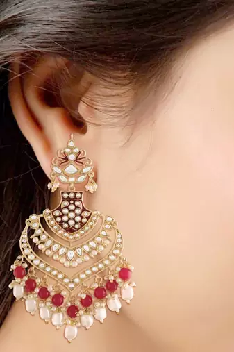 Gold Plated Intricately Designed Womens Traditional Long Earrings Enamel Glided With Kundans & Pearls 