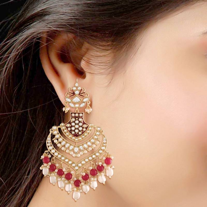 Gold Plated Intricately Designed Womens Traditional Long Earrings Enamel Glided With Kundans & Pearls 