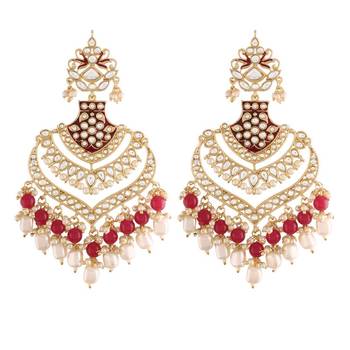 Gold Plated Intricately Designed Womens Traditional Long Earrings Enamel Glided With Kundans & Pearls  3