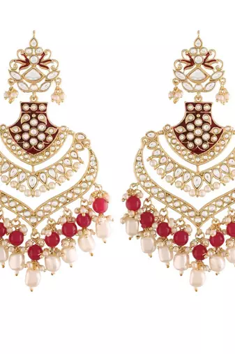 Gold Plated Intricately Designed Womens Traditional Long Earrings Enamel Glided With Kundans & Pearls 