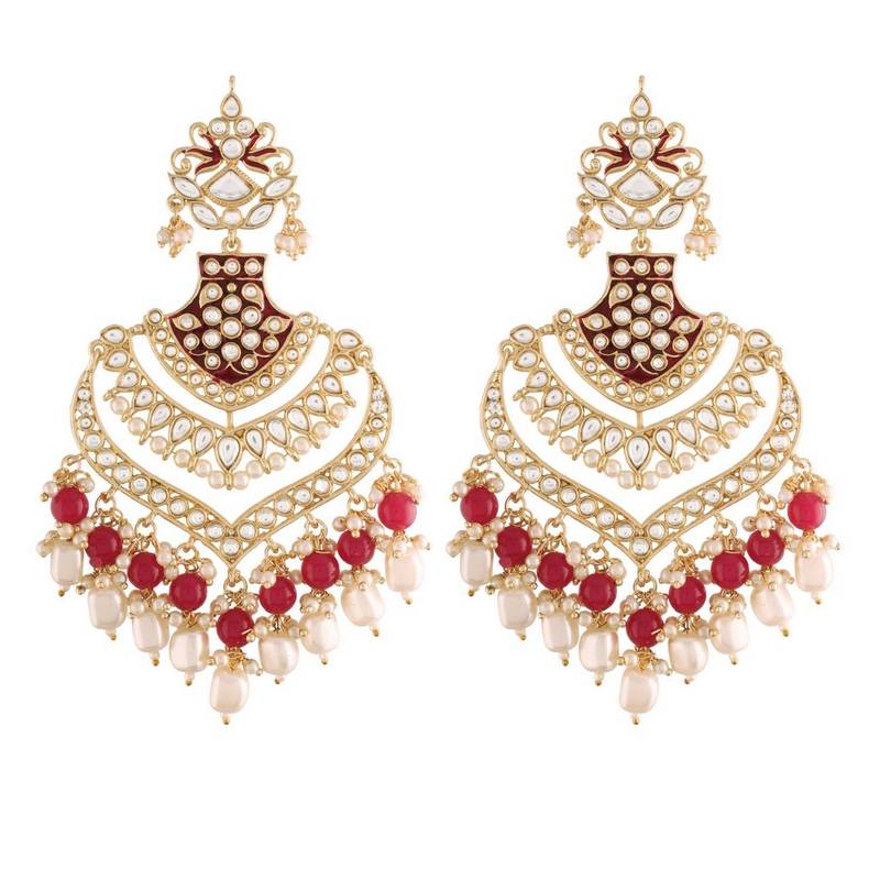Gold Plated Intricately Designed Womens Traditional Long Earrings Enamel Glided With Kundans & Pearls 