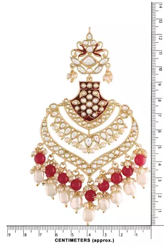 Gold Plated Intricately Designed Womens Traditional Long Earrings Enamel Glided With Kundans & Pearls 