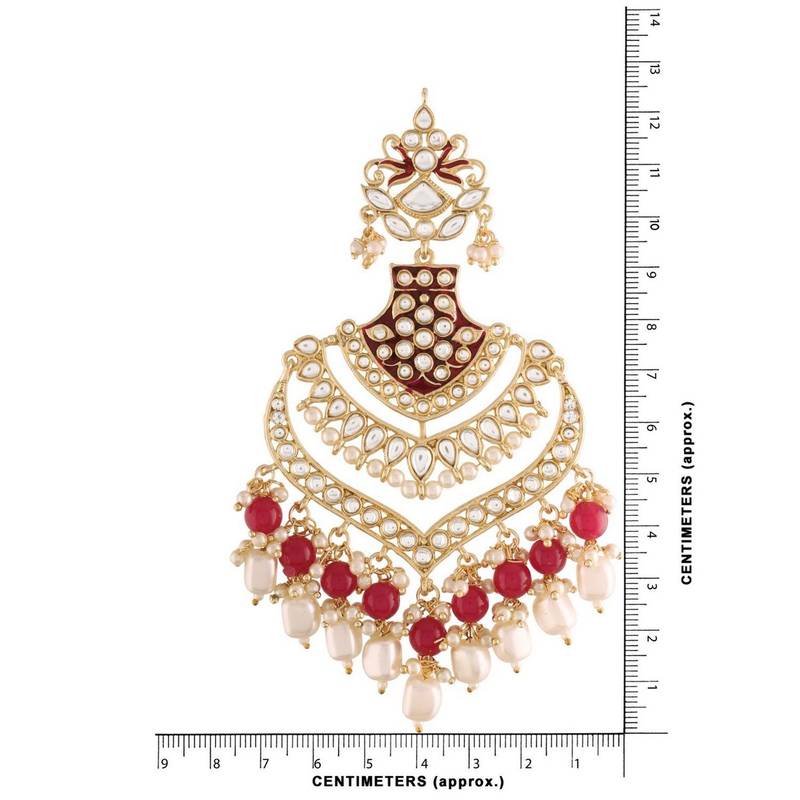 Gold Plated Intricately Designed Womens Traditional Long Earrings Enamel Glided With Kundans & Pearls 