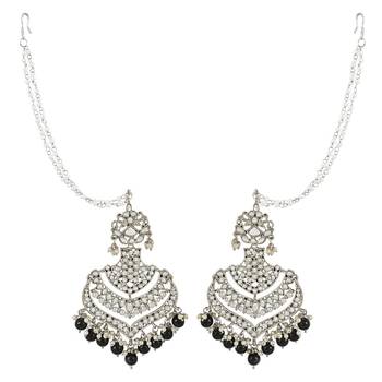 Navratri Ethnic Silver Plated Kundan Meenakari Pearl Hanging With Ear chain earrings for women/Girls  1