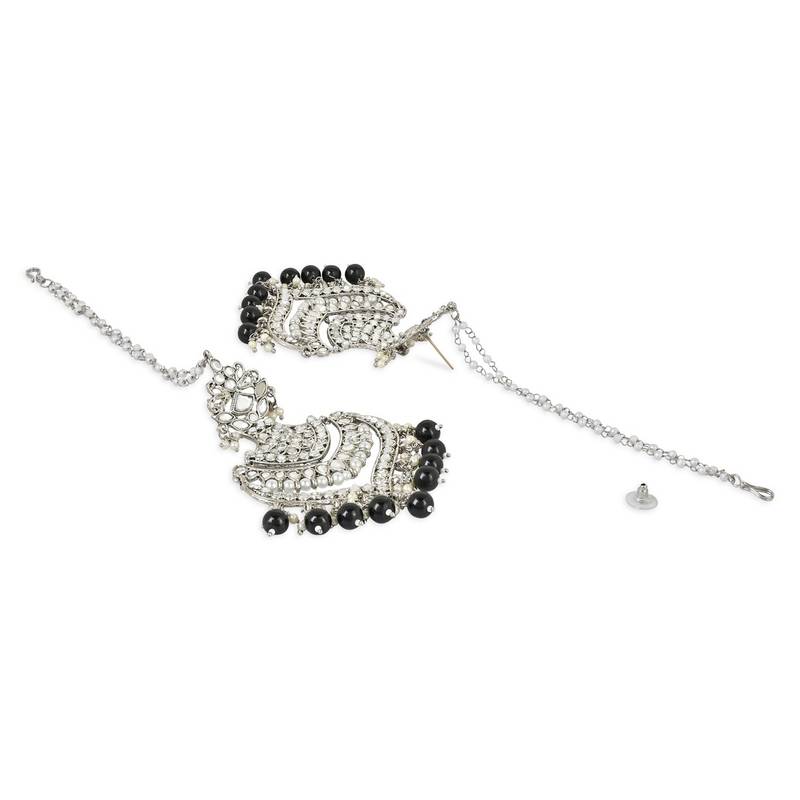 Navratri Ethnic Silver Plated Kundan Meenakari Pearl Hanging With Ear chain earrings for women/Girls 