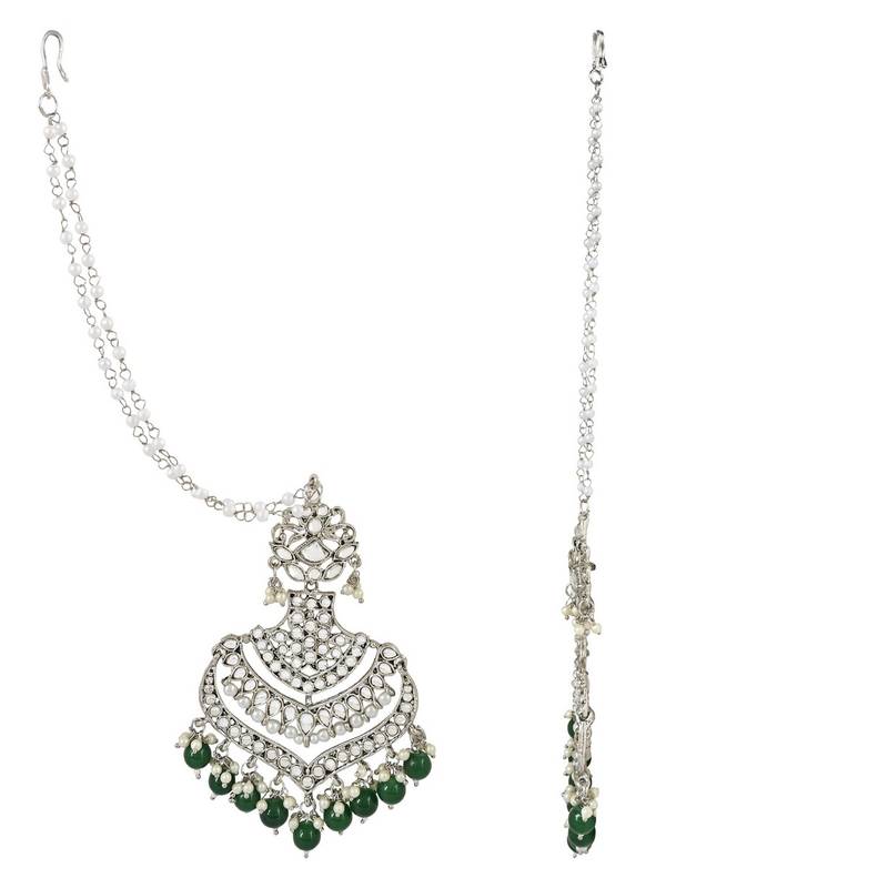 Navratri Ethnic Silver Plated Kundan Meenakari Pearl Hanging With Ear chain earrings for women/Girls 