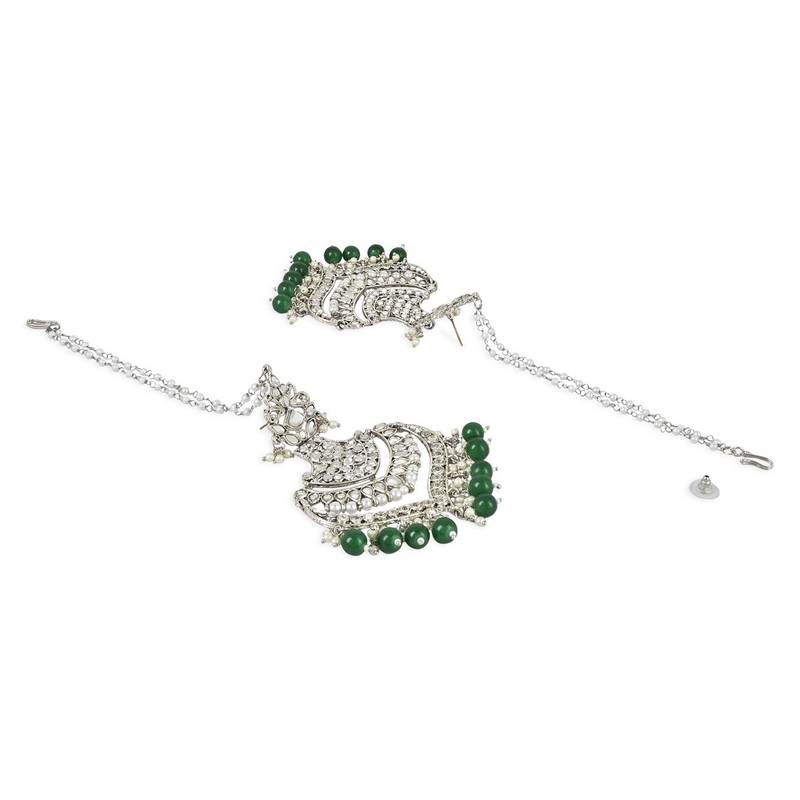 Navratri Ethnic Silver Plated Kundan Meenakari Pearl Hanging With Ear chain earrings for women/Girls 