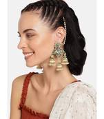 Gold Plated Intricately Designed Traditional with Detachable Hair Chain Encased With Kundans & Pearls Jumka