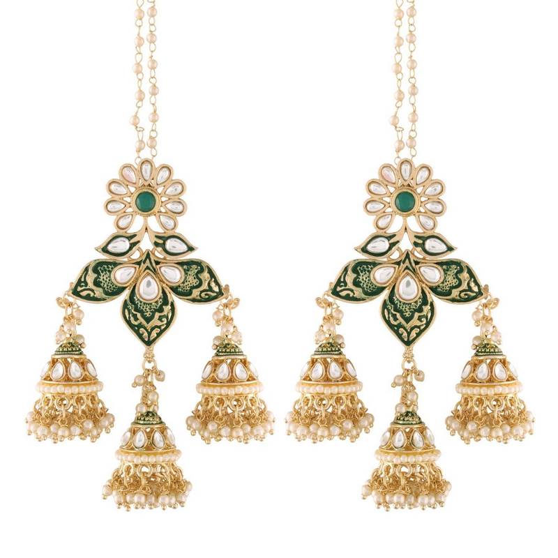 Gold Plated Intricately Designed Traditional with Detachable Hair Chain Encased With Kundans & Pearls Jumka