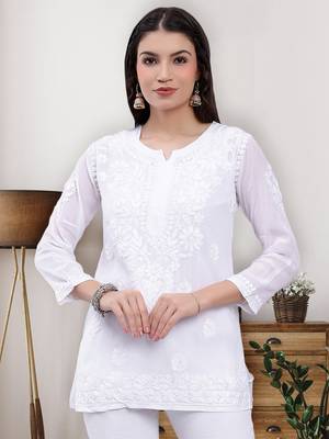 hand embroidered white crepe lucknowi chikankari top 1