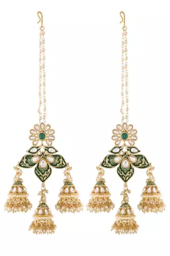 Gold Plated Intricately Designed Traditional with Detachable Hair Chain Encased With Kundans & Pearls Jumka