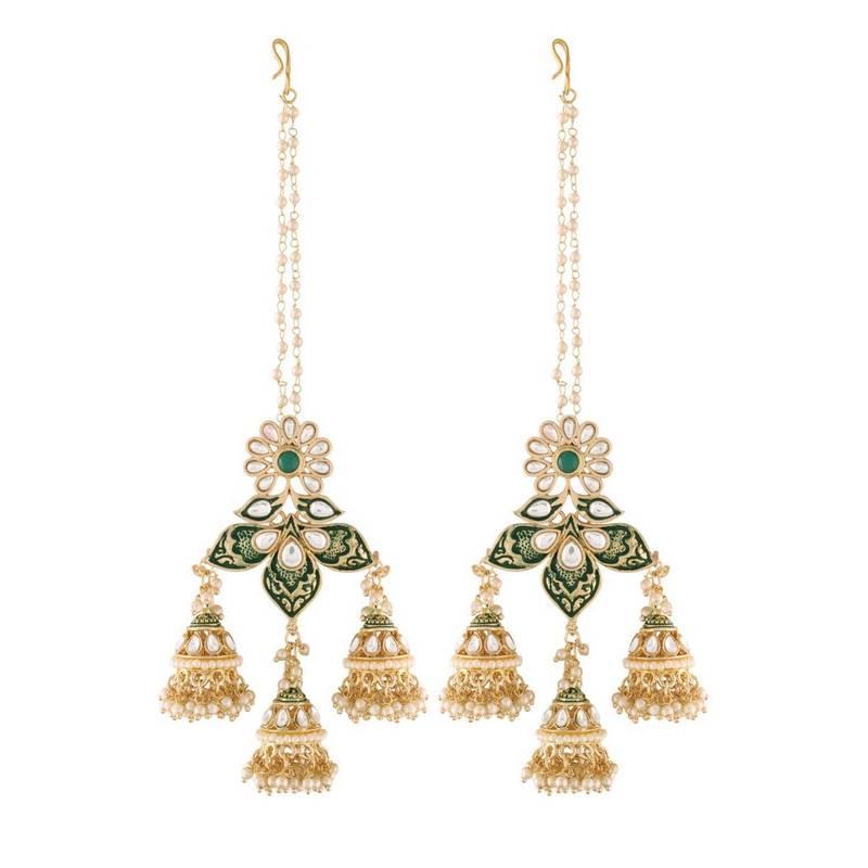 Gold Plated Intricately Designed Traditional with Detachable Hair Chain Encased With Kundans & Pearls Jumka