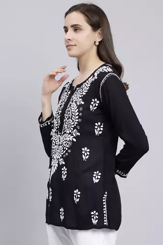 hand embroidered black modal lucknowi chikankari top