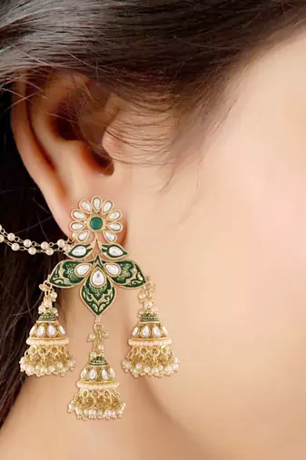 Gold Plated Intricately Designed Traditional with Detachable Hair Chain Encased With Kundans & Pearls Jumka
