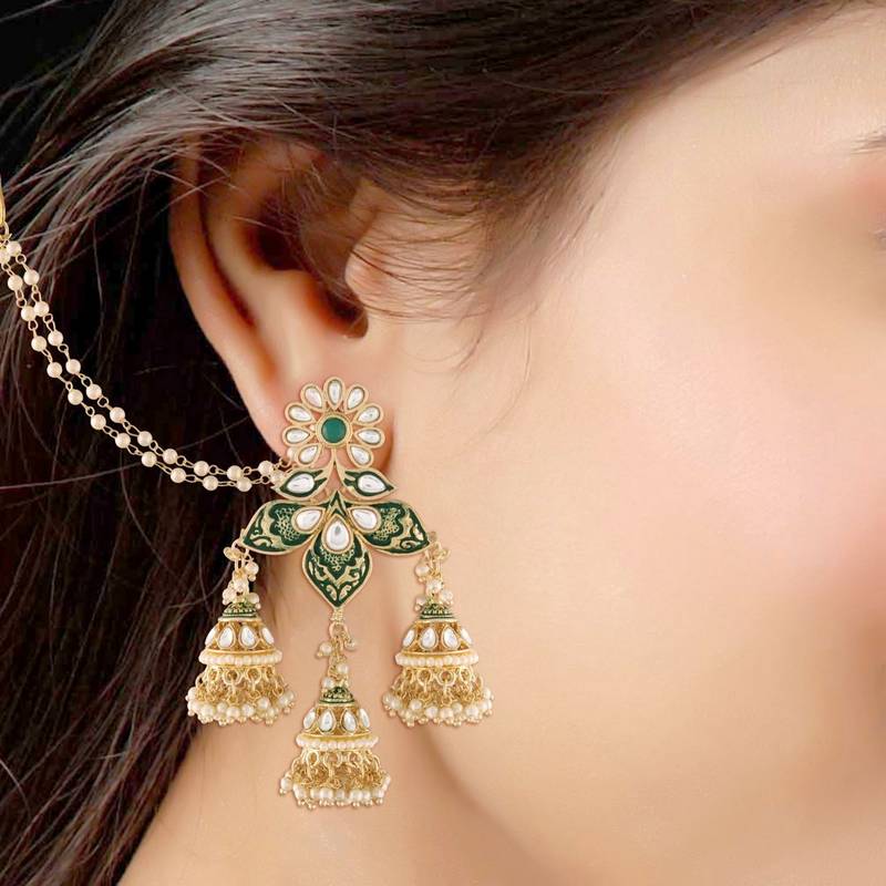 Gold Plated Intricately Designed Traditional with Detachable Hair Chain Encased With Kundans & Pearls Jumka