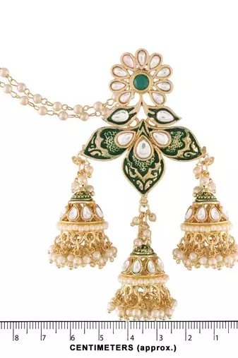 Gold Plated Intricately Designed Traditional with Detachable Hair Chain Encased With Kundans & Pearls Jumka