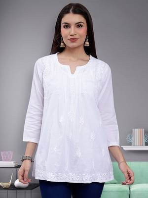 hand embroidered white cotton lucknowi chikankari top 1
