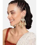 Gold Plated Intricately Designed Traditional with Detachable Hair Chain Encased With Kundans & Pearls Jumka