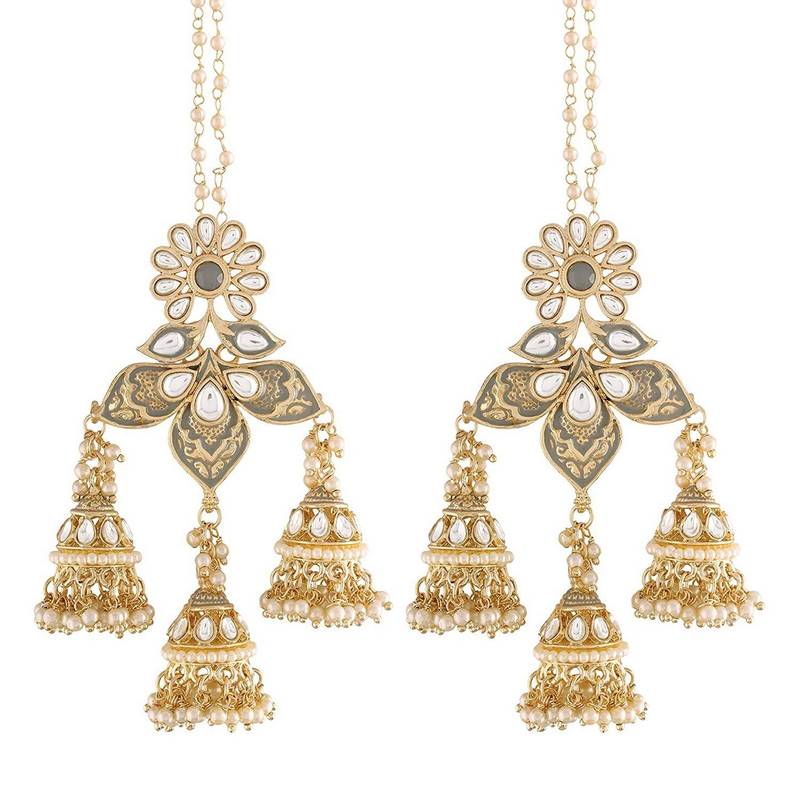 Gold Plated Intricately Designed Traditional with Detachable Hair Chain Encased With Kundans & Pearls Jumka