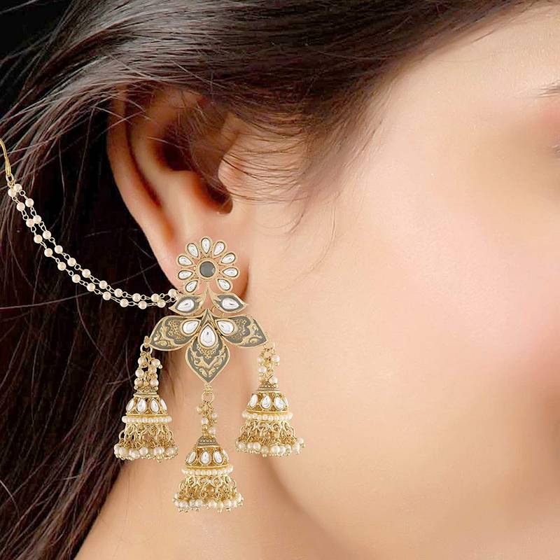 Gold Plated Intricately Designed Traditional with Detachable Hair Chain Encased With Kundans & Pearls Jumka