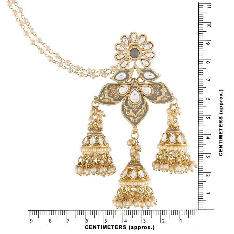 Gold Plated Intricately Designed Traditional with Detachable Hair Chain Encased With Kundans & Pearls Jumka