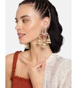 Gold Plated Intricately Designed Traditional with Detachable Hair Chain Encased With Kundans & Pearls Jumka