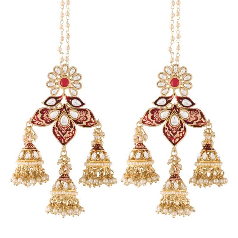 Gold Plated Intricately Designed Traditional with Detachable Hair Chain Encased With Kundans & Pearls Jumka