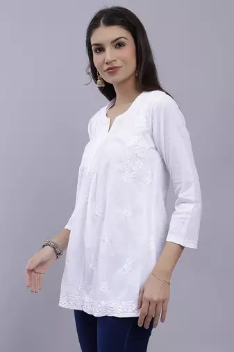 hand embroidered white cotton lucknowi chikankari top