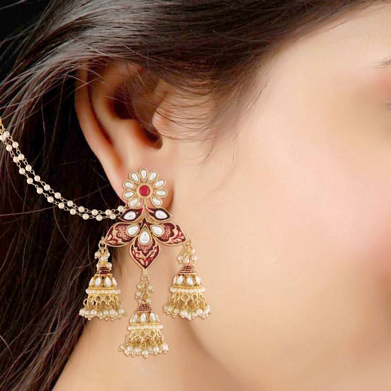 Gold Plated Intricately Designed Traditional with Detachable Hair Chain Encased With Kundans & Pearls Jumka