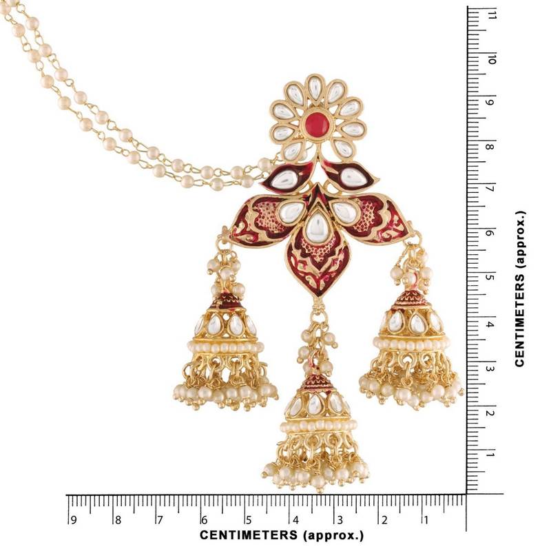 Gold Plated Intricately Designed Traditional with Detachable Hair Chain Encased With Kundans & Pearls Jumka