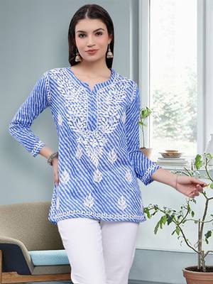 hand embroidered dark blue cotton lucknowi chikankari top 1