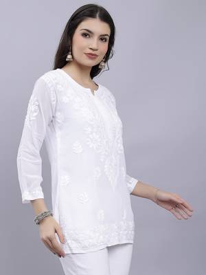 hand embroidered white crepe lucknowi chikankari top 4