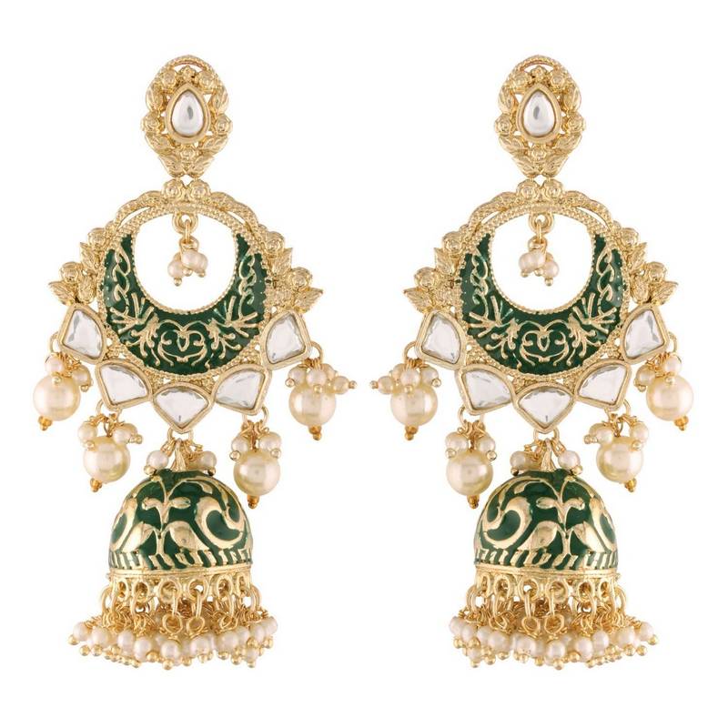 Gold Plated Intricately Designed Traditional Enamel Glided With Kundans & Pearls Jumki Earrings