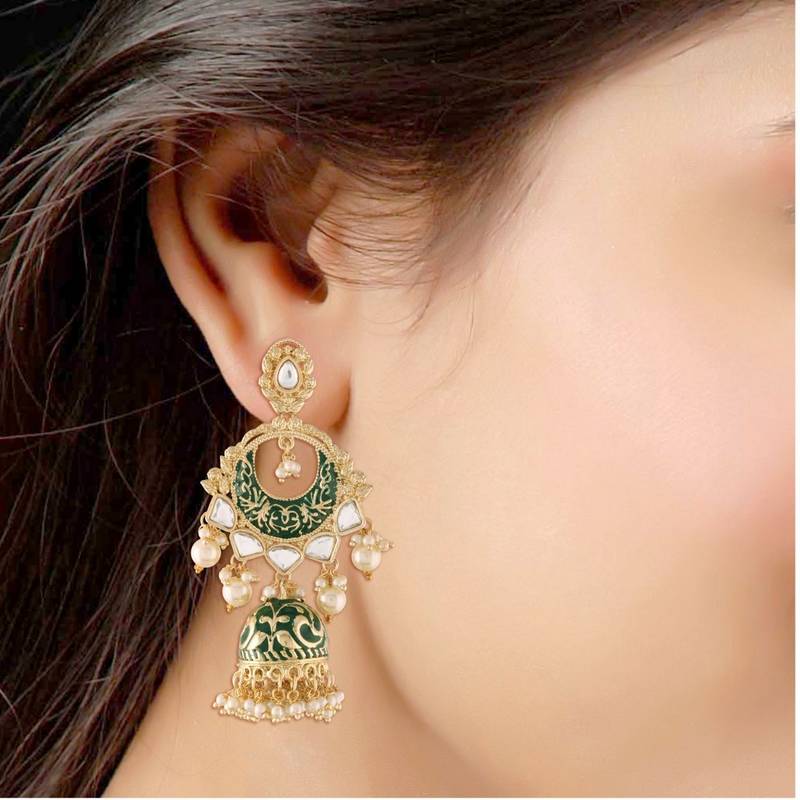 Gold Plated Intricately Designed Traditional Enamel Glided With Kundans & Pearls Jumki Earrings