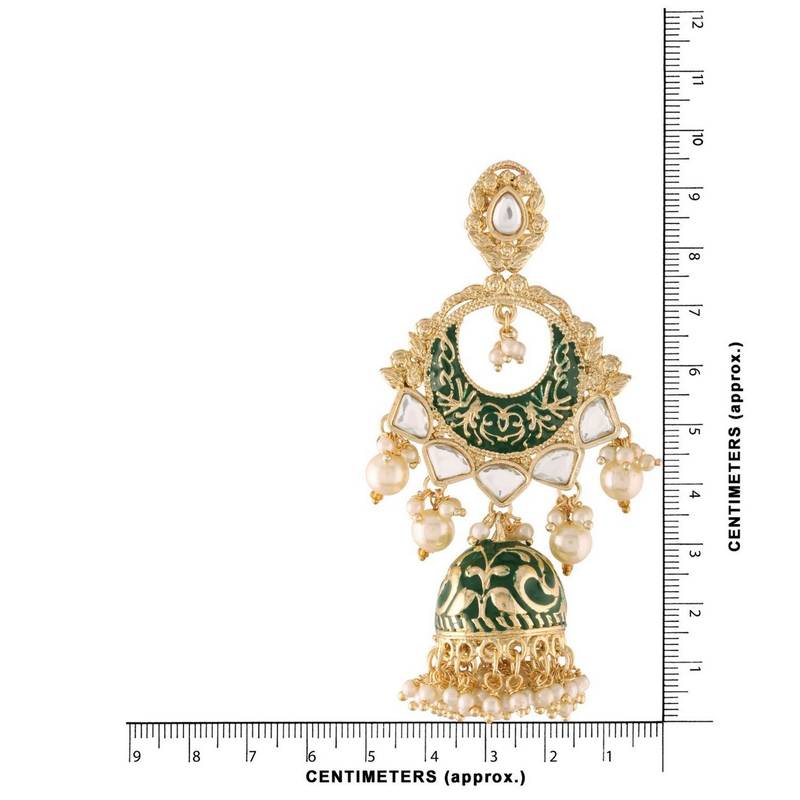 Gold Plated Intricately Designed Traditional Enamel Glided With Kundans & Pearls Jumki Earrings