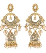 Gold Plated Intricately Designed Traditional Enamel Glided With Kundans & Pearls Jumki Earrings For Women