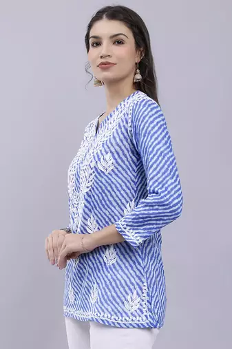 hand embroidered dark blue cotton lucknowi chikankari top