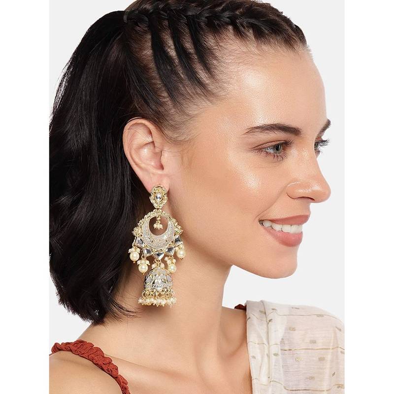 Gold Plated Intricately Designed Traditional Enamel Glided With Kundans & Pearls Jumki Earrings For Women