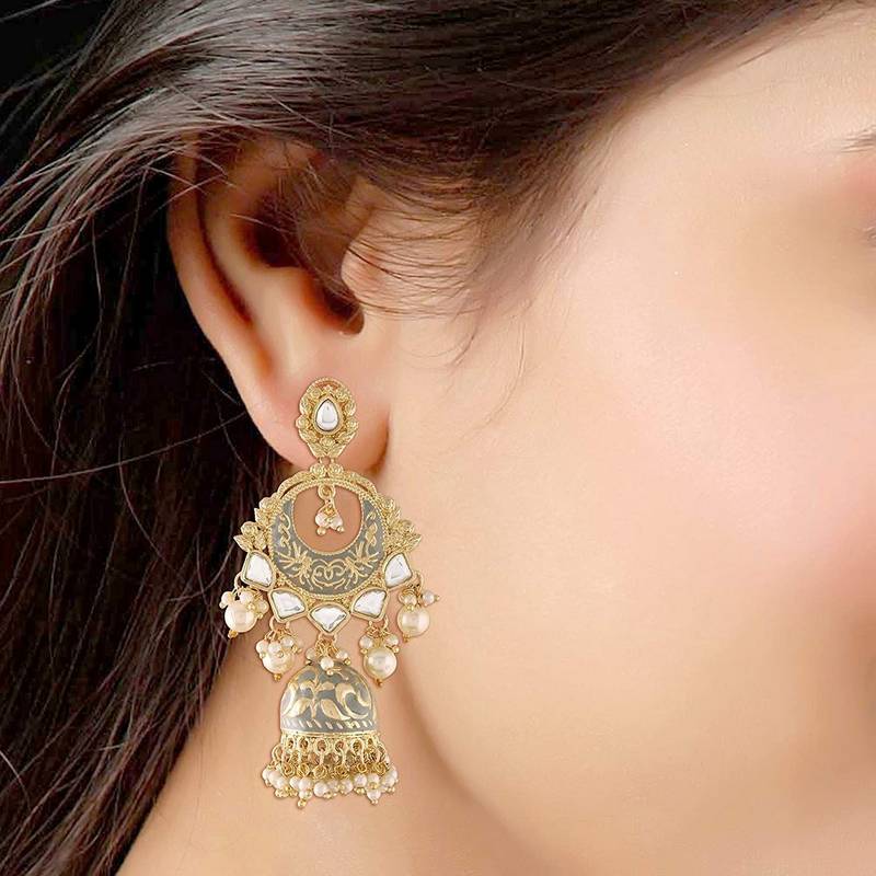 Gold Plated Intricately Designed Traditional Enamel Glided With Kundans & Pearls Jumki Earrings For Women