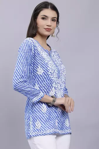 hand embroidered dark blue cotton lucknowi chikankari top
