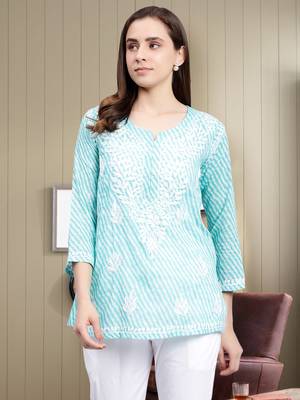 hand embroidered sea green cotton lucknowi chikankari top 1